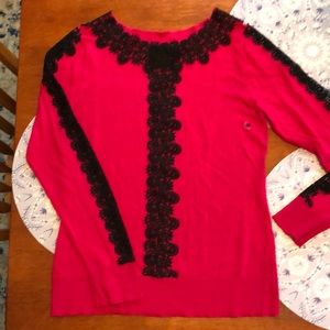 Super soft fusia long sleeve sweater with black lace appliqué Never worn M
